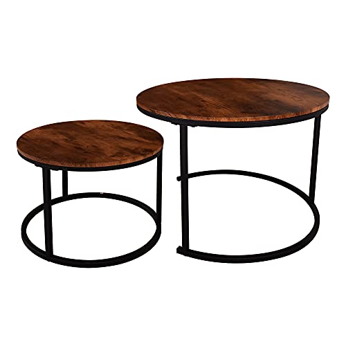 HOMERECOMMEND Round Coffee Table Set of 2 for Living Room,Rustic Brown | Modern Nesting Side End Table,Round Wooden Table with Solid Powder-Coated Metal Frame,round nesting coffee table set of 2 - color: Brown