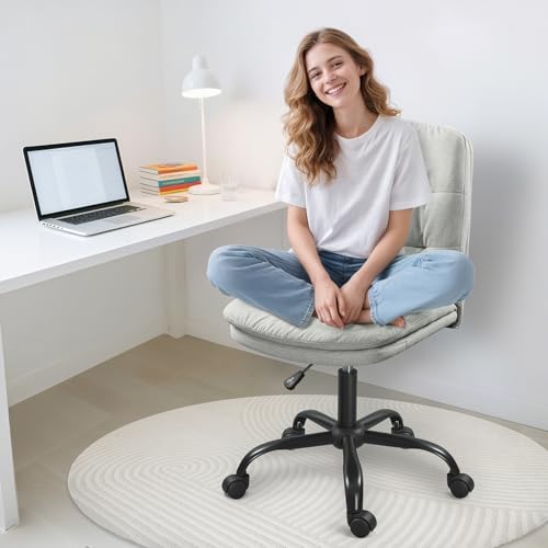 Home Office Desk Chair Comfy - Armless Criss Cross Chair with Wheels Vanity Chair Office Chairs Rolling Swivel Height Adjustable for Adults - Light Grey - color: Light Grey