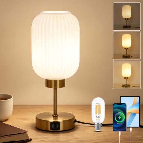 LAMSU Vintage Gold Table Lamp with Cream Glass Shade, Small Beside Lamp with Bulb, USB Ports, 3 Way Dimmable Nightstand Lamp, Mid Century Modern Desk Lamp for Bedroom Living Room, Home Decor - color: Cream