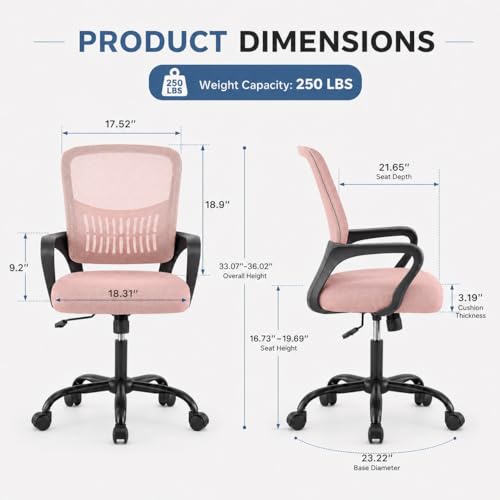 Ergonomic Office Chair, Home Office Desk Chair, Game Chair with Lumbar Support, Breathable Mesh Chairs, Swivel Desk Chairs for Computer, Home, Office, 360° Swivel (Pink) - color: Pink With Fixed Armrest