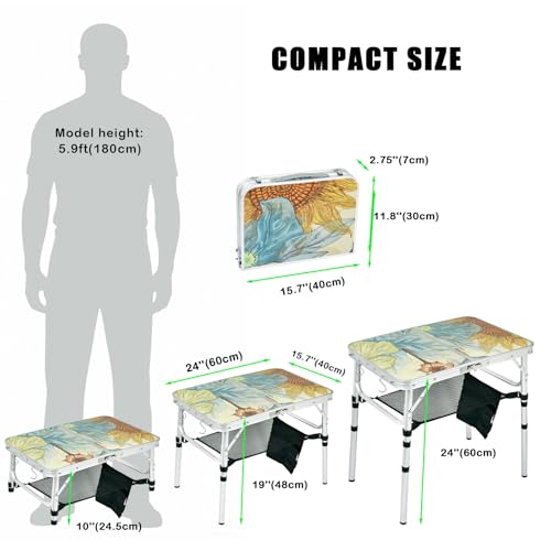 Small Folding Camping Table, 2ft Portable Picnic Table Aluminum 24" x 16", 3 Adjustable Heights Lightweight Dining Table for RV, Picnic, Beach (Sunflower) - color: Sunflower