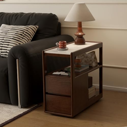 Solid Wood End Table with Storage Drawers, Narrow Side Table for Couch | 2 drawers, hidden wheels and slim design make this narrow side table perfect for couches, bedrooms and small spaces. - color: Walnut