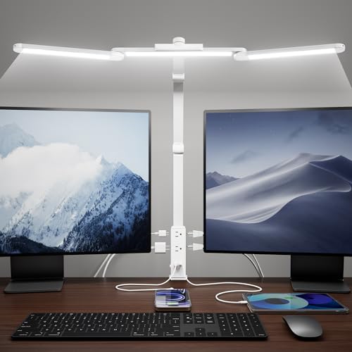SUPERDANNY LED Desk Lamp Computer Light with Power Strip with Clamp White | 6 Outlets & 1 USB-A, 1 PD 20W Type-C, 13A/1625W, 5 Modes Smooth Dimming, Memory Function, Architect Lampfor Home Office Dorm - color: White, size: With Power Strip