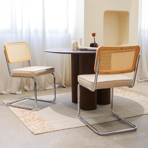 Stackable Dining Chairs Set of 2: Mid Century Modern Velvet Rattan Accent Chairs with Chrome Legs - Compact Stacking Design for Small Apartments Living Room Kitchen Seating Solution