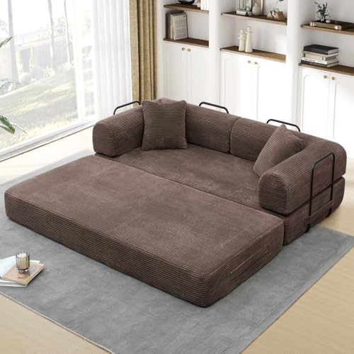 Convertible Folding Sofa Bed, Corduroy Sleeper Mattress Couch with Fixed-Shape Frame, Free Combination Loveseat Lounge Floor Sofa, Queen Size Memory Foam Couch for Living Room, Bedroom, Brown - color: Brown