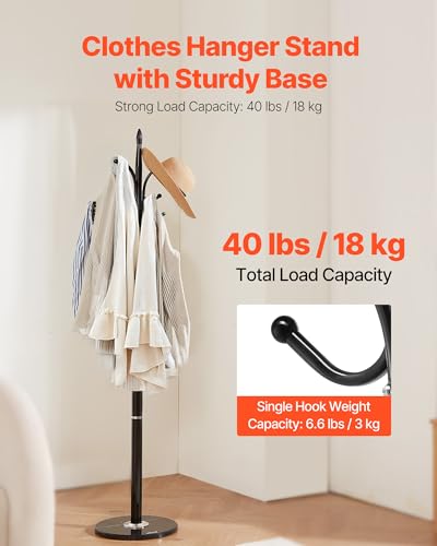 VEVOR Coat Rack Freestanding, Coats Tree Stand with Stable Marble Base & 6 Hooks, Free Standing Hall Coat Rack for Entryway, Bedroom, Office, Living Room, Modern Clothes Hanger for Coats, Hats, Bags - style: Hook