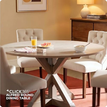 Alfred 46.5 Inch Round Dining Table for 4, Solid Wood Farmhouse Kitchen Table with Distressed Beige Finish and Pedestal Trestle Base