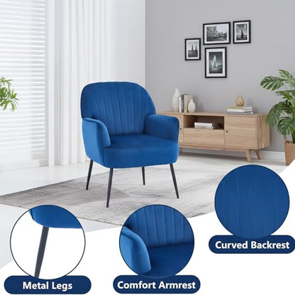 GDFStudio 25" Velvet Accent Chair with Arms and Back, Modern Shell-Shaped Upholstered Barrel Chairs, Small Comfy Reading Chair Lounge Chairs with Solid Legs for Living Room Bedroom Office Cafe, Blue - color: Blue