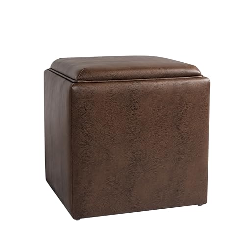 HomePop 17.5" Storage Ottoman with Tray Top - Brown Faux Leather - color: Brown Faux Leather