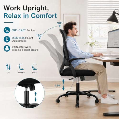 Ergonomic Office Chair, Home Office Desk Chair, Breathable Mesh Desk Chair with Adjustable Lumbar Support and Flip-up Armrests, Game Chairs, 360° Swivel Desk Chairs for Conference, Meeting Room(Blank) - color: Black