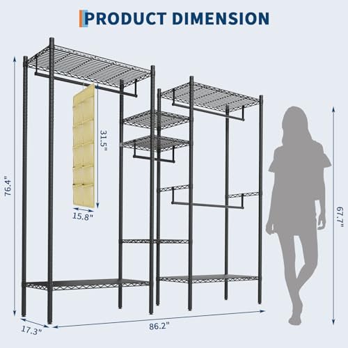 PioneerWorks Heavy Duty Garment Rack 1210 LBS, Commercial Clothing Rack with 4 Adjustable Shelves, Freestanding Wardrobe Closet Organizer, Metal Storage Rack for Home, Retail, Laundry Room - size: 86.2"W x 17.3"D x 76.4"H