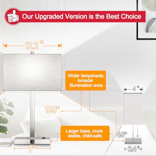 Lynnoland 21" Set of 2 Table lamp with USB A+C & AC Outlets, Touch Control 3-Way Dimmable Nightstand Lamps for Bedroom Living Room Office Reading, Gray Shade Touch Lamps, 5000K LED Bulbs Included - color: (2 Pack)Gray Linen & Brushed Nickel (Base)-5000K B