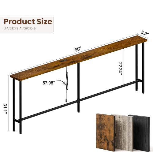 GRLEAF 90 Inch Narrow Sofa Table with Power Outlet, Extra Long Console Table Behind Couch Table with Charging Station, Skinny Entryway Table Thin Table for Living Room, Narrow Spaces (Rustic Brown) - color: Rustic Brown, size: 90IN