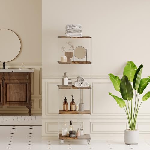Acrylic Display Shelf with Wheel,4 Tier Bookshelf Storage Rack,Wood Shelves | Clear Acrylic Panels And Wood Shelves Create An Elegant Display Space For Books, Collectibles, Plants And Home Decor. - size: 4-Tier