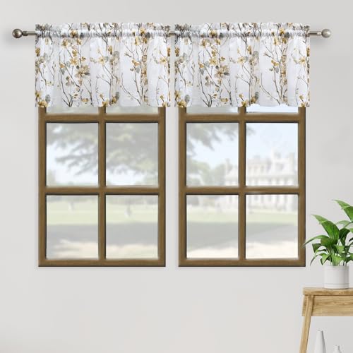 July Joy Printed Valance Linen Textured for Living Room Floral Leaf Design Farmhouse Sheer Curtains Style Window Panel Drapes Set Rod Porket Treatment for Bedroom, Dining, 52 x 18 inch, Taupe - color: Taupe