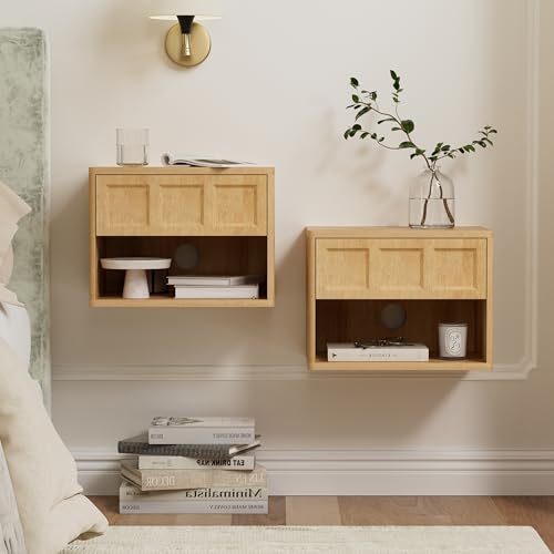 Farmhouse Floating nightstands Set of 2, Small Wall Mounted Storage Cabinet with Open Shelf, Wood Bedside End Table for Bedroom, Living Room, Natural Oak - size: 2 PCS