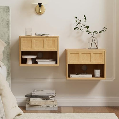 Farmhouse Floating nightstands Set of 2, Small Wall Mounted Storage Cabinet with Open Shelf, Wood Bedside End Table for Bedroom, Living Room, Natural Oak - size: 2 PCS