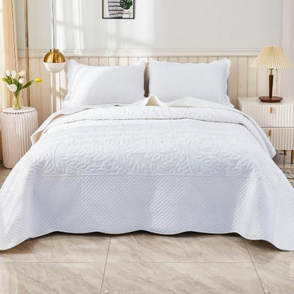 MarCielo 100% Cotton Quilt Set - 3-Piece Embroidered Farmhouse Bedspread & Shams, All-Season Breathable Bedding (Bright White,Queen) - color: Bright White, size: Queen (98" x 90")