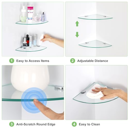 3 Pack Glass Corner Shower Shelves, Tempered Floating Glass Shelves Wall Mount, Shower Caddy Organizer, Bathroom Corner Shelf with Zinc Alloy Brackets for Bathroom, Kitchen, Living Room - size: 3 PACK Without Rail