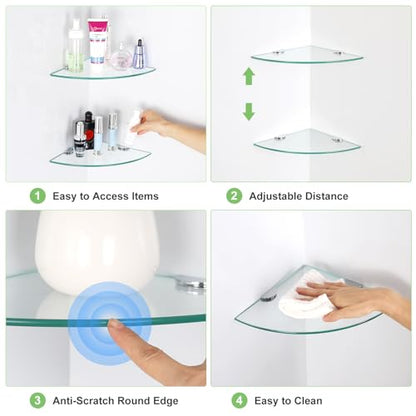 3 Pack Glass Corner Shower Shelves, Tempered Floating Glass Shelves Wall Mount, Shower Caddy Organizer, Bathroom Corner Shelf with Zinc Alloy Brackets for Bathroom, Kitchen, Living Room - size: 3 PACK Without Rail