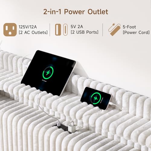 54" Tall Headboard Queen Size with Storage, LED Light, Corduroy Wingback Headboard with Charging Station, Upholstered Head Board Queen w/High-Density Sponge Padding, Storage Pockets, Off White