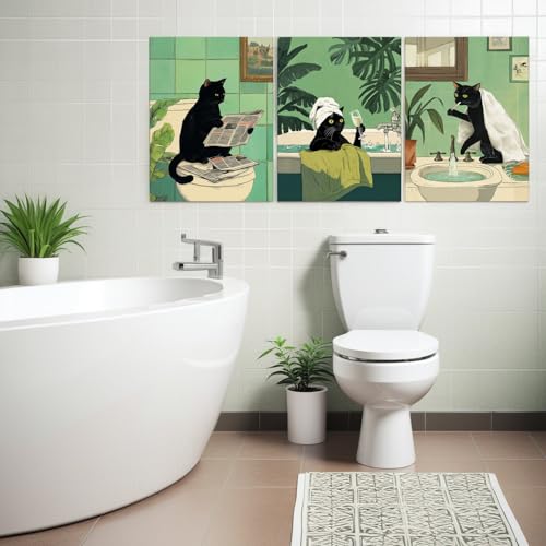 Zessonic Funny Black Cat Bathroom Cute Animal Canvas Wall Art,12"x16"x3 | Cute Animal Print for Washroom Toilet Reading Newspaper Humor Whimsical Quirky Funny Animal Room Bathroom Decor,Ready to Hang - color: Black Cat, size: 12" x 16"x3