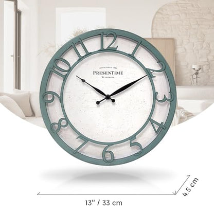 13" Farmhouse Series Wall Clock | Shiplap Style, Silent No Ticking, Coastal Clock, Raised 3D Arabic Numeral, Aged Teal Finish - color: Aged Teal Finish, size: 13 inch