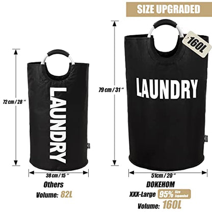 DOKEHOM 160L XX-Large Laundry Basket (7 Colors), Collapsible Laundry Bag, Foldable Laundry Hamper, Folding Washing Bin (Black, XXL) | Freestanding tall washing bin & foldable laundry bag. Extra large clothes storage basket with durable sturdy handles - co