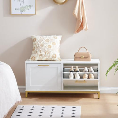HOOBRO Shoe Bench with Storage, Shoe Storage Bench with 2 Flip Drawers, 39.4" Shoe Cabinet with Bench, Hidden Shoe Rack Organizer for Entryway, Foyer, Hallway, White and Gold DW48HX01
