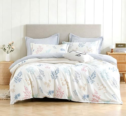 LEMIROE White & Gray Whimsical Botanical Cotton Comforter Set Twin Size 2PC | Pastel Leaf Print & Light Gray Grid Reversible Design, Lightweight, Cotton Shell, Down Alternative Fill, 1 Pillow Sham - color: Botanical Serenity - White & Gray Grid, size: Twi