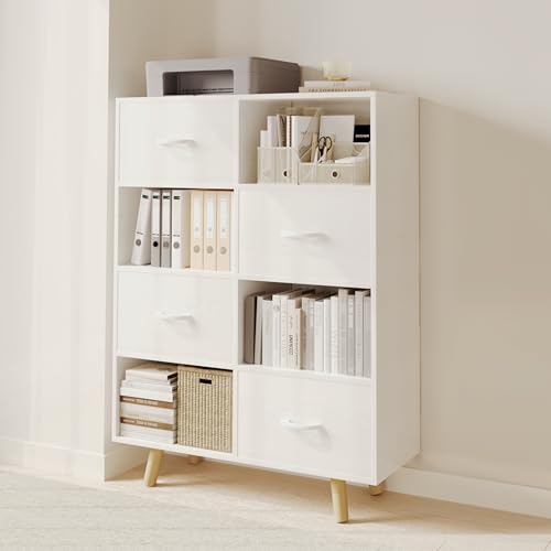 Bookcase with Fabric Storage Bins - 8 Cube Bookshelf | White, for Home Office, with 4 Drawers, Modern Organizer Display Shelf, Living Room - color: White, size: 8-Cube