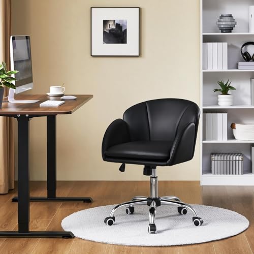 Yaheetech Black Petal Faux Leather Makeup Vanity Desk Chair, Swivel Wheels | Easy-clean faux leather cushioned seat fits makeup vanity, nail salon or office desks; adjustable height, swivel, fast setup. - color: Black