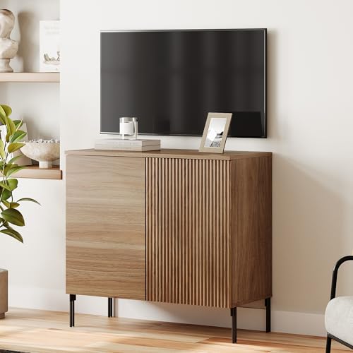 WAMPAT 31.5" W Fluted TV Stand TVs up to 35", Modern TV Entertainment Center with Storage and Adjustable Shelves, Wood Media TV Consoles Table with Storage for Living Room, Walnut - color: Walnut, size: 31.5" W
