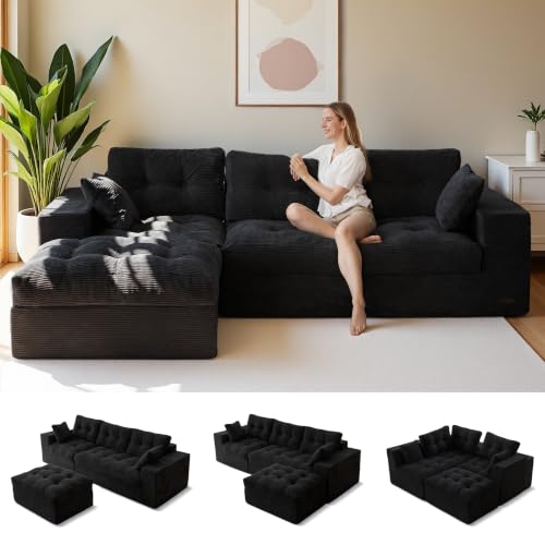 MAXYOYO Boneless Couch, 96-Inch L-Shaped Cloud Couch with Ottoman | Black Layered Cushioning and Flexible Modules Create an Upholstered Sofa in a Box with No Assembly for Spacious Living Rooms. - color: Black, size: 96" L Shape