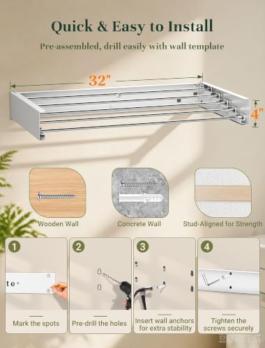 32'' Wall Mounted Clothes Drying Rack, Foldable & Collapsible Wall Mount Laundry Rack w/ 5 Thickened Rods & 4 Hooks, Space Saver Hanging Drying Rack Clothing for Laundry Room Bathroom Indoor