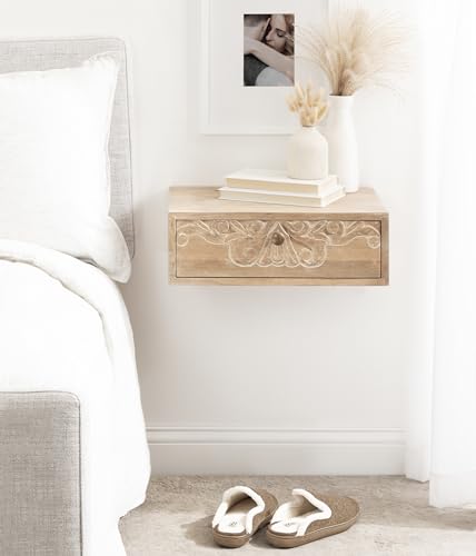 Kate and Laurel Mirza Transitional Carved Wood Floating Side Table, 18 x 12 x 6, Natural Wood, Mounted Solid Wood Wall Shelf with Drawer for Storage