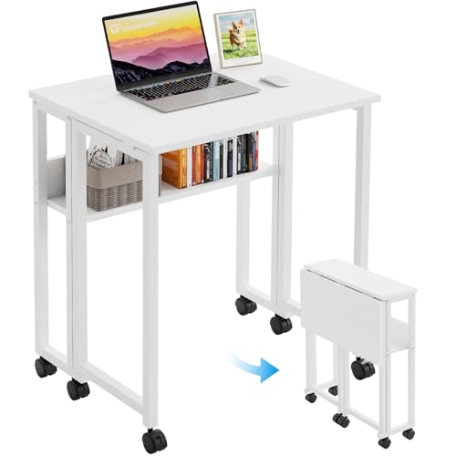 GreenForest Folding Desk with Wheels, 31.5" Rolling Table for Small Spaces | Storage Shelf, Lockable Casters, Compact Portable Workstation, Space-Saving Foldable Sofa Table, Home Office, Mobile, White - color: Pure White, size: 31.5 inch