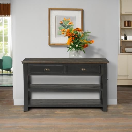 Martin Svensson Home Monterey Solid Wood Sofa Console Table, Black & Brown | Farmhouse Style, Pine Wood, Two Drawers, Two Open Shelves for Storage - color: Black With Brown Top