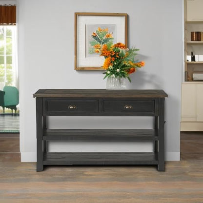 Martin Svensson Home Monterey Solid Wood Sofa Console Table, Black & Brown | Farmhouse Style, Pine Wood, Two Drawers, Two Open Shelves for Storage - color: Black With Brown Top