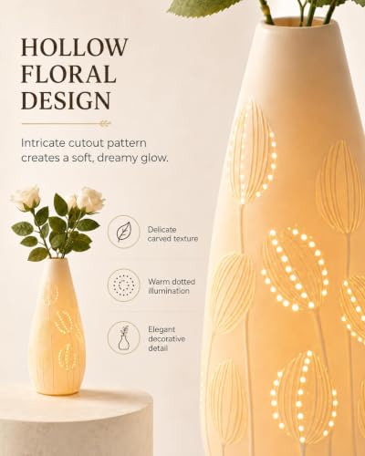 Ceramic Vase Table Lamp - 2700K Bulb & 3 Artificial Flowers Included | Handmade Openwork Craft - Inline Switch - E12 Socket - Tulip 11" - style: Tulip