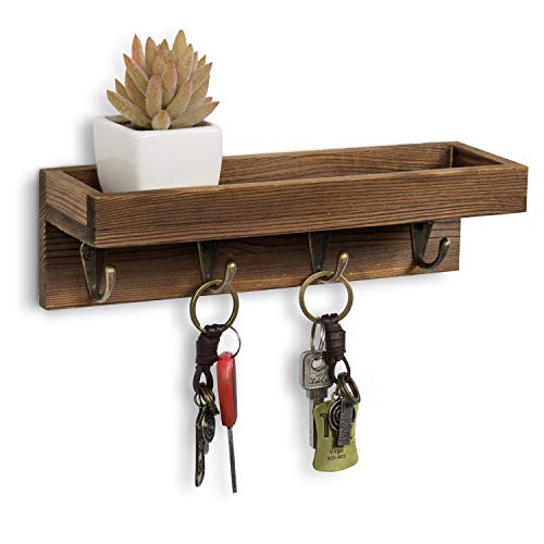 MyGift 10 Inch Brown Wood Wall Mounted Floating Shelf Key Rack with 4 Hooks | Four Metal Hooks, Space Saving Storage, Entryway Organization, Rustic Accent, Keys Mail Accessories Display - color: Dark Brown