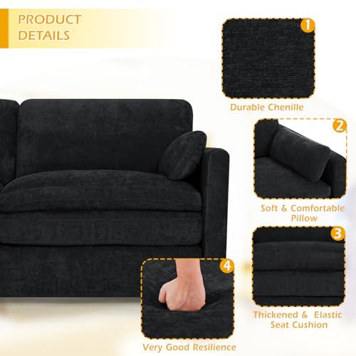 3 Pieces Chenille Sofa Set w/Two Arm Pillows, Black | Upholstered 2 Pieces Loveseat & 3-Seater Sofa w/Soft Cushions, Modern 2-Seat & 3-Seat w/High-Density Foam for Living Room - color: Black, size: 69" & 69" & 89" Sofa Set