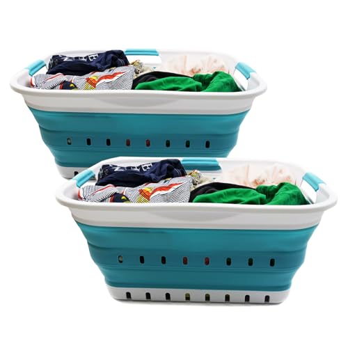 SAMMART 42L (11 gallon) Collapsible Plastic Laundry Basket - Foldable Pop Up Storage Container/Organizer - Portable Basket - Space Saving Hamper/Basket (2, White/Bright Blue) - color: White/Bright Blue
