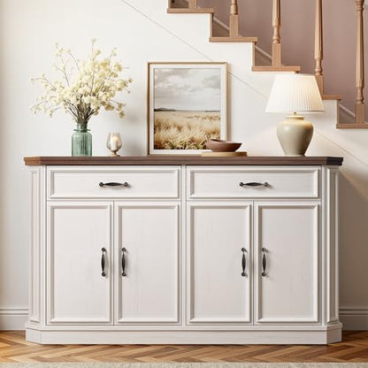 55" Sideboard Buffet Cabinet with 2 Storage Drawers & 4 Doors, Modern Kitchen Sideboards and Buffets with Adjustable Shelves, Wood Coffee Bar Cabinet for Living Room, Entryway, Off-White