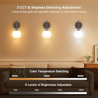 Oil Rubbed Bronze Wireless Rechargeable Wall Sconces Set of 2, Battery Operated Wall Lights with Remote Control, LED Dimmable Wall Lamp with Opal White Glass Shade, 12 Colors RGB & 3 CCT Bulb - color: Oil Rubbed Bronze & Opal Glass, size: Battery 12 Inch