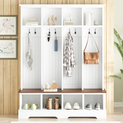 Merax Farmhouse Hall Tree with Bench and Shoe Storage, 59" Entryway Bench with Coat Rack, 8 Hooks and Top Compartments, 3-in-1 Entryway Hall Tree for Hallway, Living Room, White - color: White