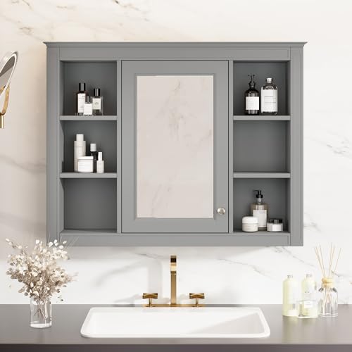 Wall Mounted Medicine Cabinet, Bathroom Storage Cabinet with Mirror Door and 6 Adjustable Open Shelf (7.3" D x 35" W x 27.5" H) (Grey) - color: Grey