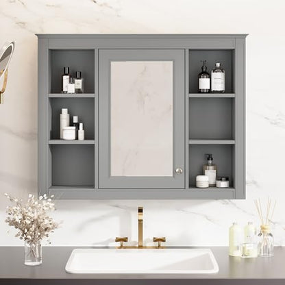 Wall Mounted Medicine Cabinet, Bathroom Storage Cabinet with Mirror Door and 6 Adjustable Open Shelf (7.3" D x 35" W x 27.5" H) (Grey) - color: Grey