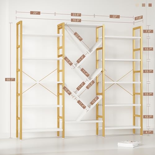 70x70” Triple 5 Tier Book Shelf, Large Wooden Bookcase with 17 Open Display Shelf, Modern Tree Bookshelf Metal Frame Tall Book Case Furniture for Living Room Bedroom Home Office White & Gold - color: Gold, size: 5 tier