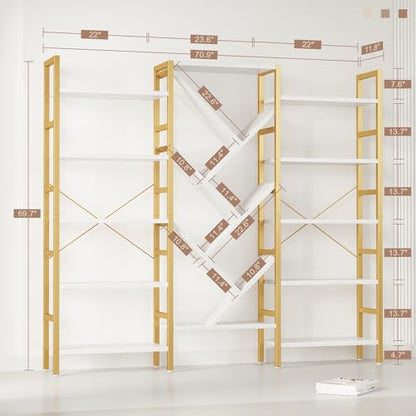 70x70” Triple 5 Tier Book Shelf, Large Wooden Bookcase with 17 Open Display Shelf, Modern Tree Bookshelf Metal Frame Tall Book Case Furniture for Living Room Bedroom Home Office White & Gold - color: Gold, size: 5 tier